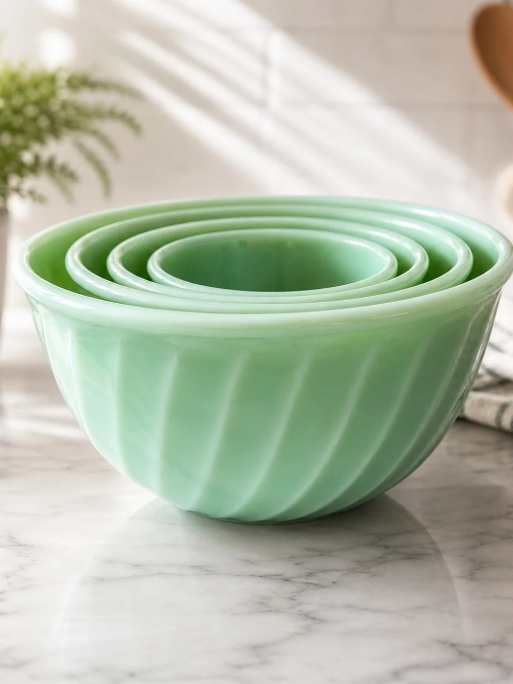 Fire-King Jadeite Swirl Mixing Bowl Set 4 Nesting Vintage Glass